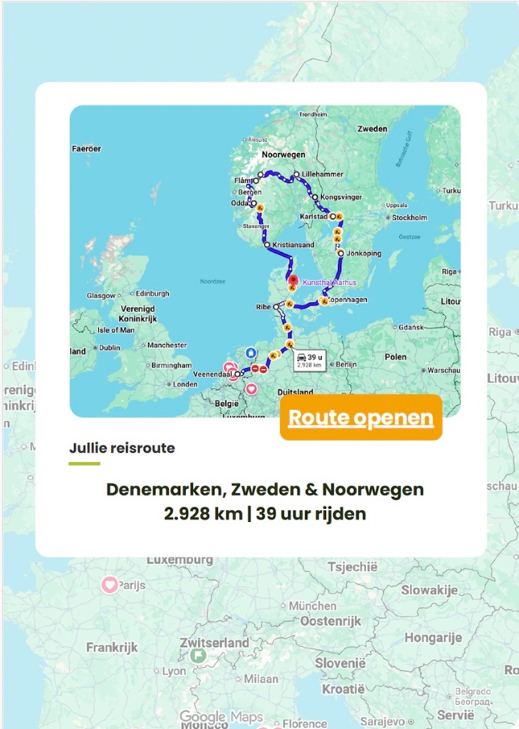 Voorbeeld routepagina met camperroute door Scandinavië
